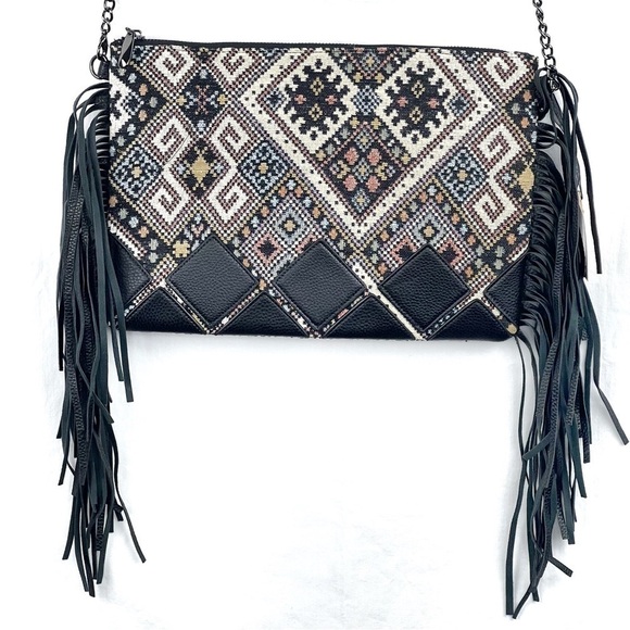 New-molly Bracken BoHo Tweed Tapestry Leather Patches/Fringe MultiFunctional Bag - Picture 1 of 12